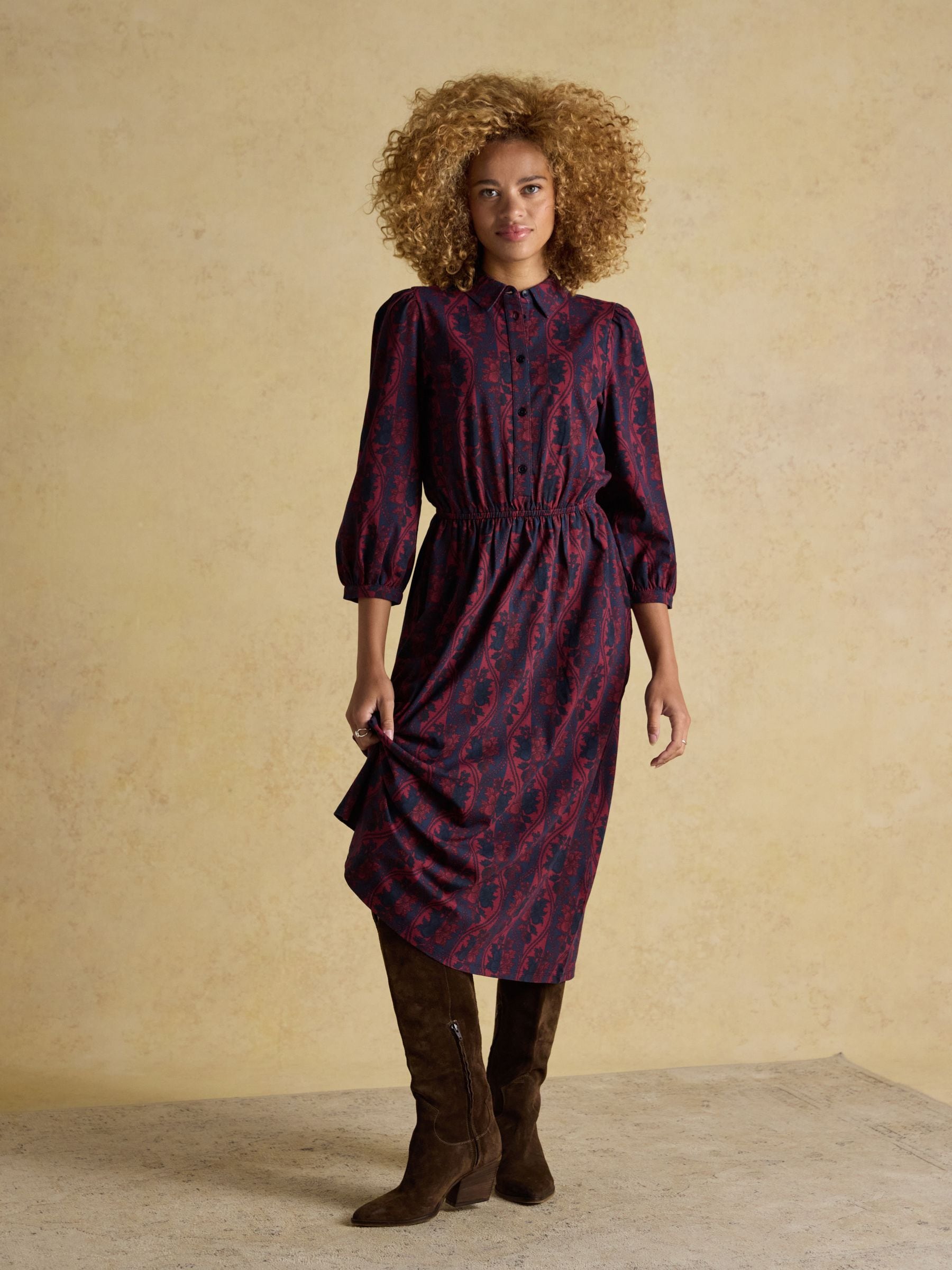 Joules Hazel Burgundy Red Jersey Midi Long Sleeve Shirt Dress with Collar
