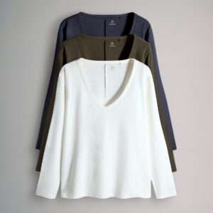 The Set 3 Pack 100% Cotton Slub Deep V-Neck Long Sleeve Tops Navy/Khaki/Cream