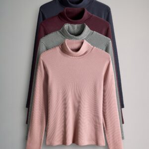 The Set 4 Pack Ribbed Roll Neck Long Sleeve T-Shirts Navy/Berry/Pink/Stripe