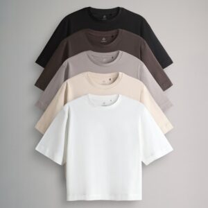 The Set 5 Pack Heavyweight Relaxed Short Sleeve T-Shirts Black/Chocolate Brown/Taupe Brown/Neutral/White