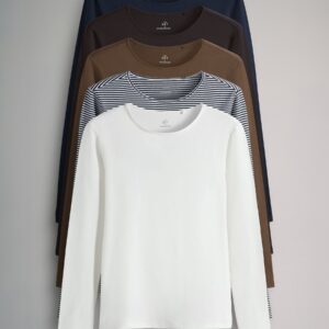 The Set 5 Pack Long Sleeve Crew Neck T-Shirts Cream/Navy/Light Blue/Brown/Chocolate Brown
