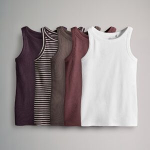 The Set 5 Pack Racer Ribbed Vests Purple/Stripe/Brown/Pink/White