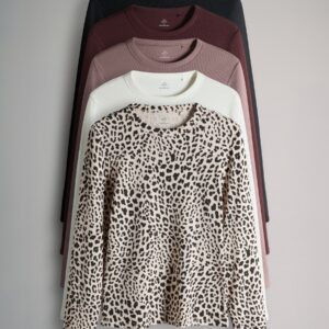 The Set 5 Pack Ribbed Long Sleeve T-Shirts Mauve/Berry/Leopard/Black/Cream